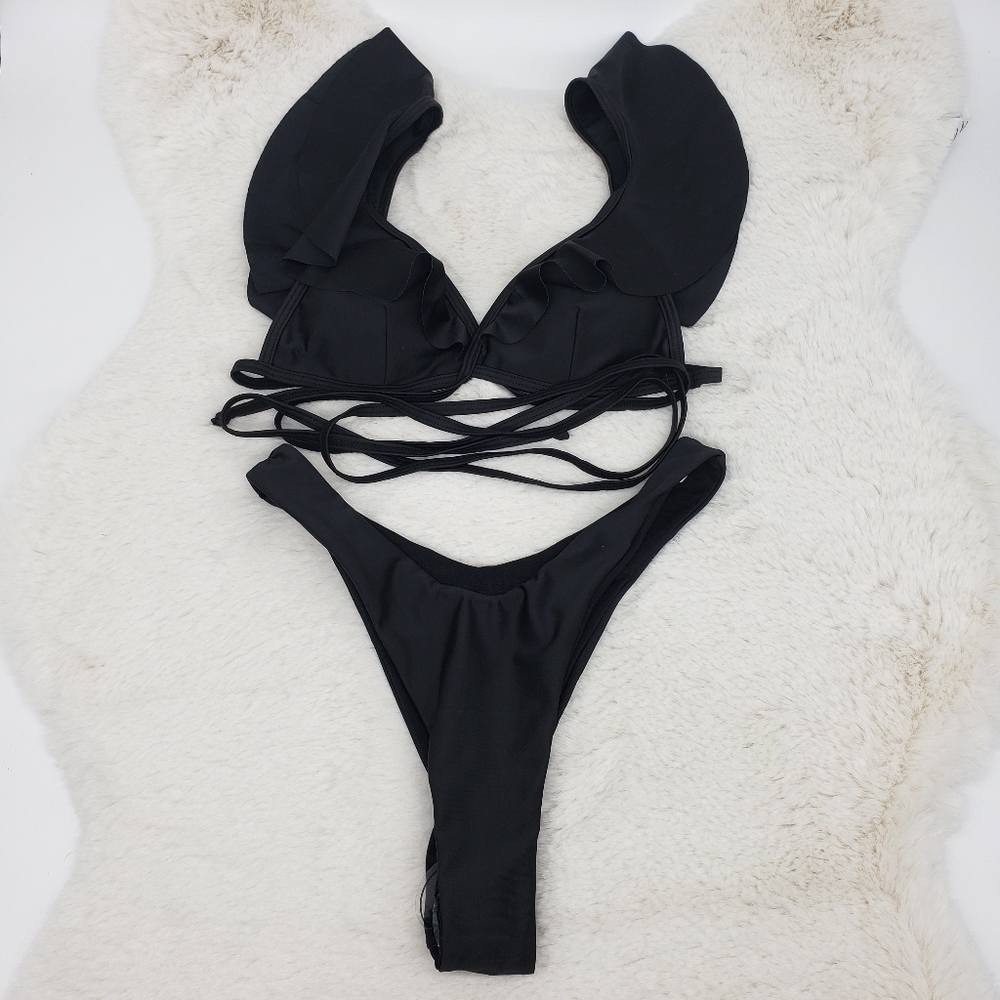 Black Wrap Around Top High Leg Bottom Bikini Set - Picture 5 of 5